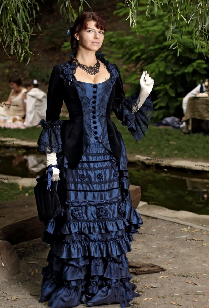 Royal Blue Black Goth Victorian Bustle Wedding Gown 2021 Velvet Taffeta Lace-up Back Corset Top Gothic Country Bridal Dress