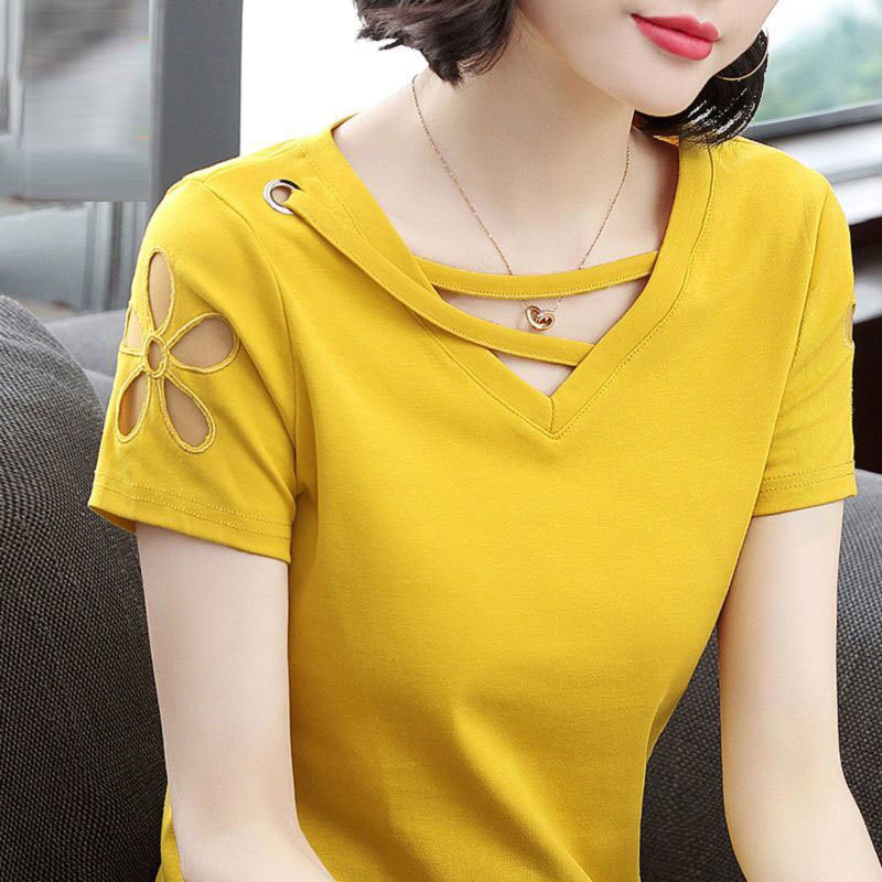 Summer Women T-shirts Plus Size Mesh Hollow Out Embroidery Short Sleeve Tee Shirt Femme V-neck Casual Tops D40 210512