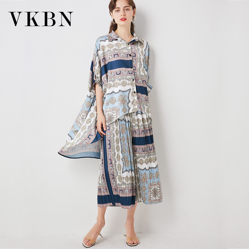 VKBN Spring Summer Two Piece Set Top and Pants Plus Size Batwing Sleeve Elastic Wais Print Straight Trousers Suit 210507