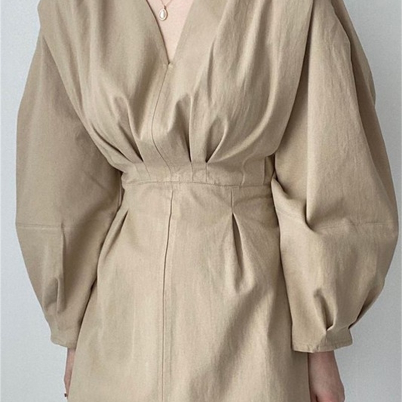 Chic Dress for Women Korean Clothing Robe V-neck Lantern Sleeve Mini Dresses Slim Waist Elegant Vestidos Mujer 210519