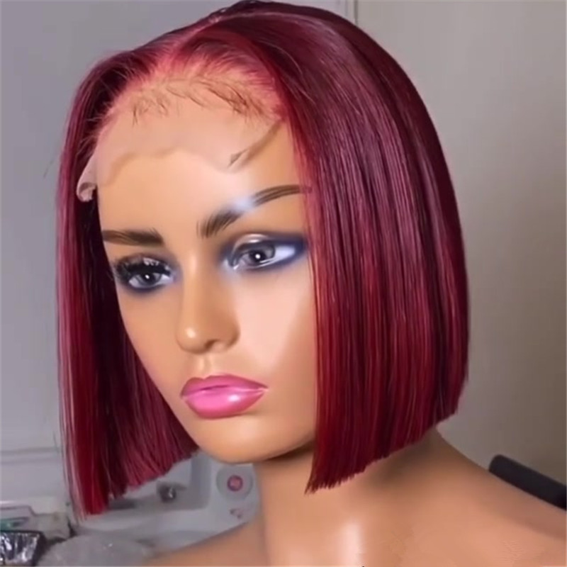 99J Burgundy Short BoB Wig Straight Colored Human Hair Wigs For Women Dark Red Lace Part Wig Pre Plucked Synthetic Hair