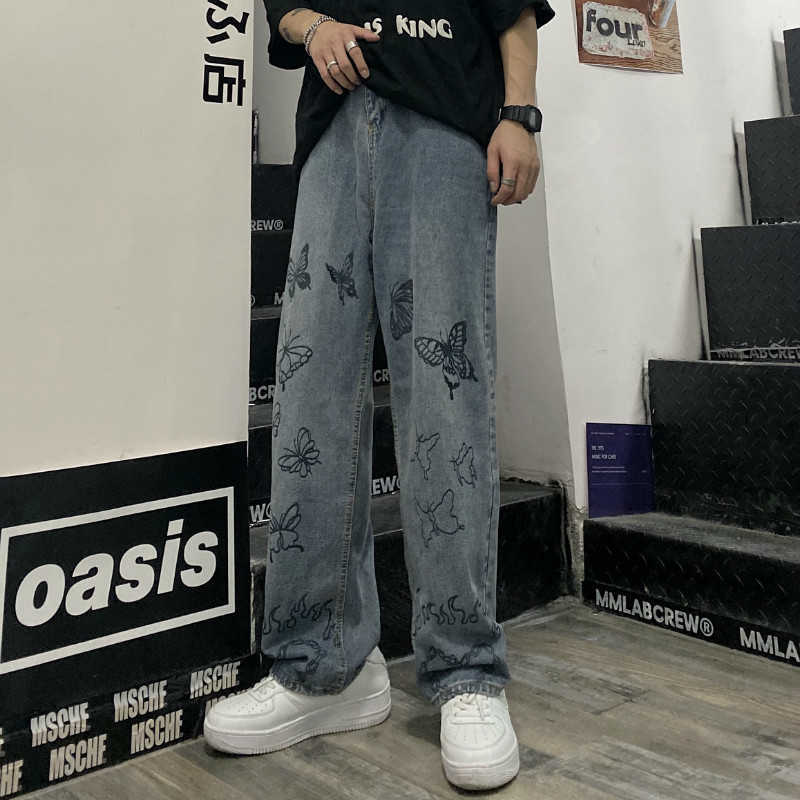 SHENGPALAE Summer Casual Jeans Woman Long Trousers Cowboy Female Loose Streetwear Butterfly Wide-leg Pants ZA4878 210809