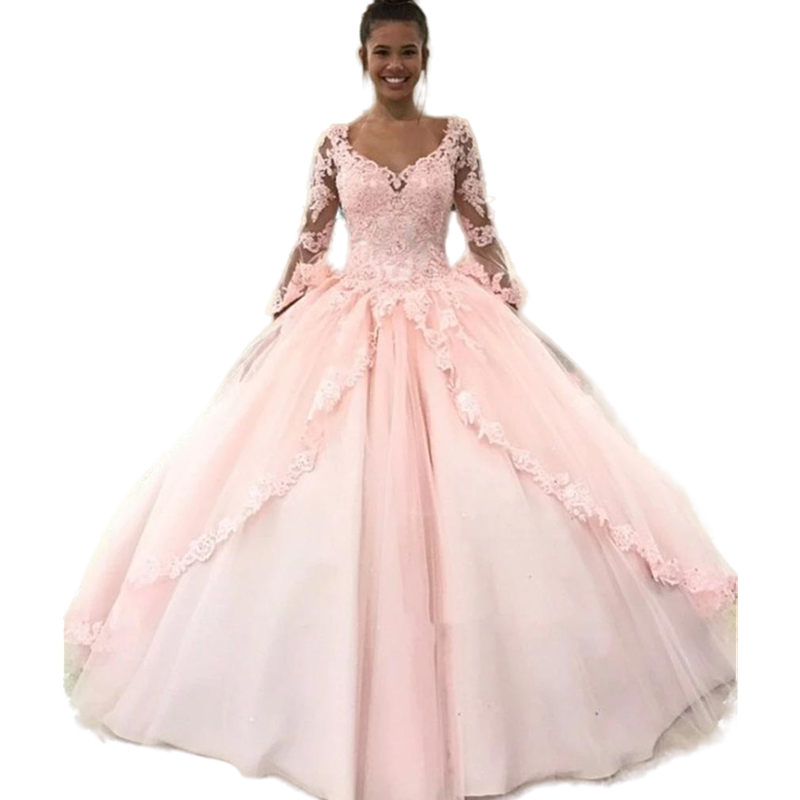 Designer Long Sleeves Ball Gown Quinceanera Dresses Train Lace Appliques Beads Tulle Princess Birthday Party Gowns Sweet 16 Dress 15 Years