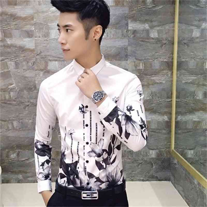 Autumn Fashion Flower black Printed Long Sleeve Shirts Men Camisa Social Male Slim Casual Shirts Men Camisas Masculina 210527