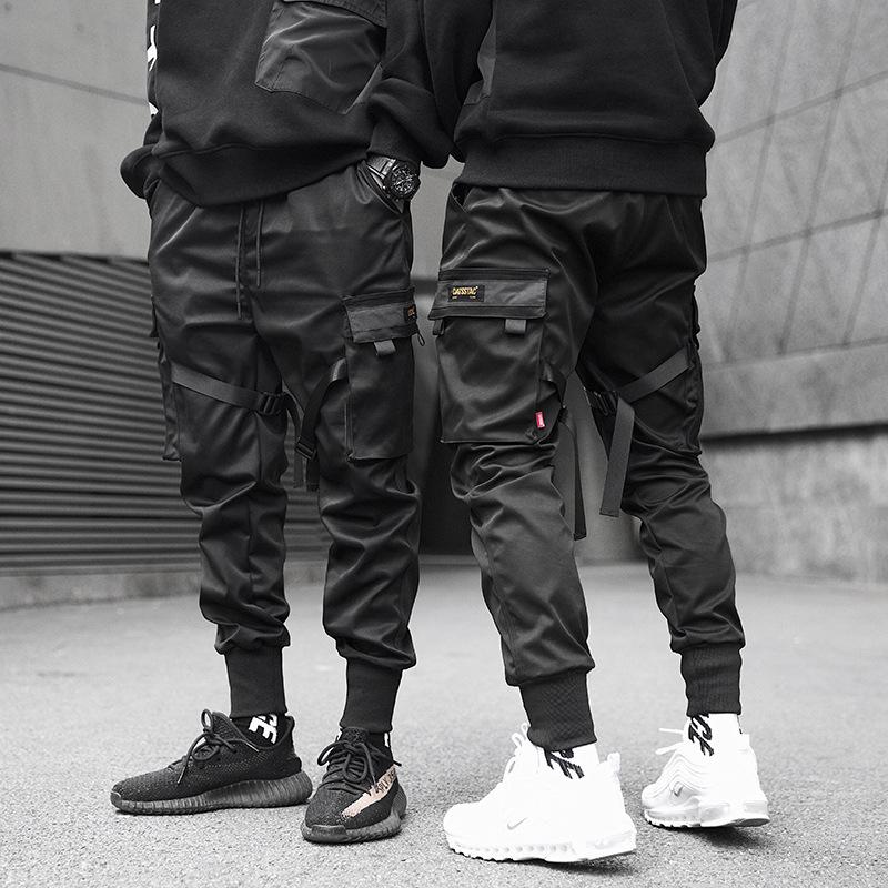 Joggers Men Black Tactics Cargo Pants Hip Hop Streetwear Pencil Sweatpants Ribbon Pocket Trousers Elastic Waist HG094 Men's