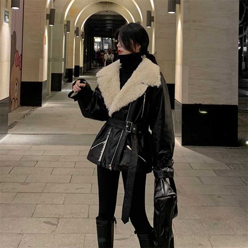 Bella Autumn Winter Temperament Turn Down Collar coats Zipper With Belt Women Loose Lamb Hair PU Fur Jacket 211130
