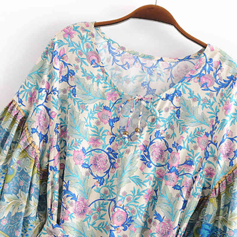 beauty Boho Floral Print Women's Midi Dress Holiday Sashes Flare Sleeve Mini Dresses Female Beautiful Beachwear 210514