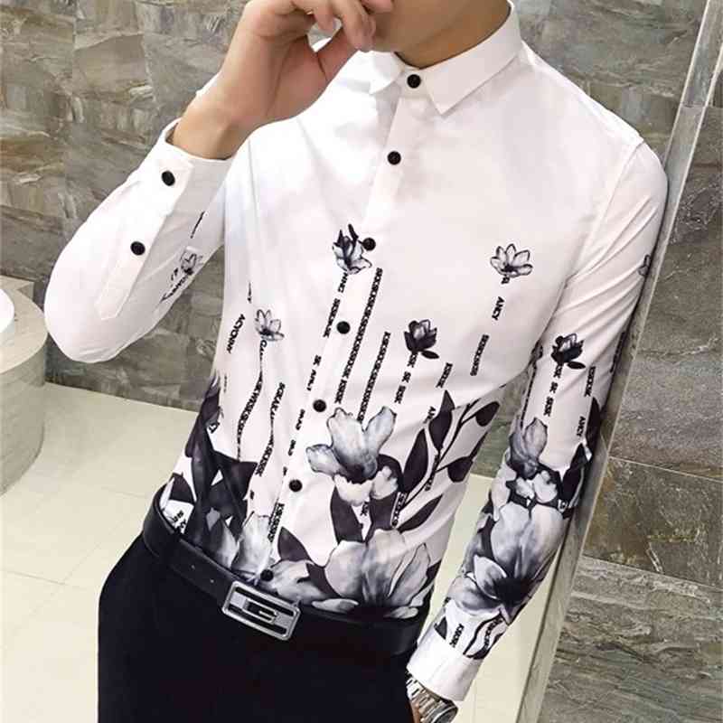 Autumn Fashion Flower black Printed Long Sleeve Shirts Men Camisa Social Male Slim Casual Shirts Men Camisas Masculina 210527