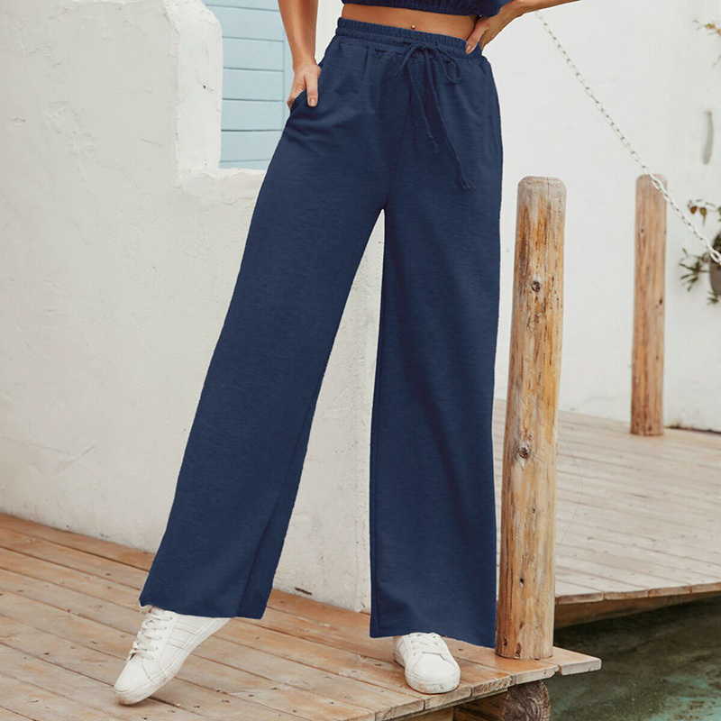 Pockets Drawstring Waist Women Casual Trousers Fashion Loose Sports High Pants Female Solid Wide Leg 210510