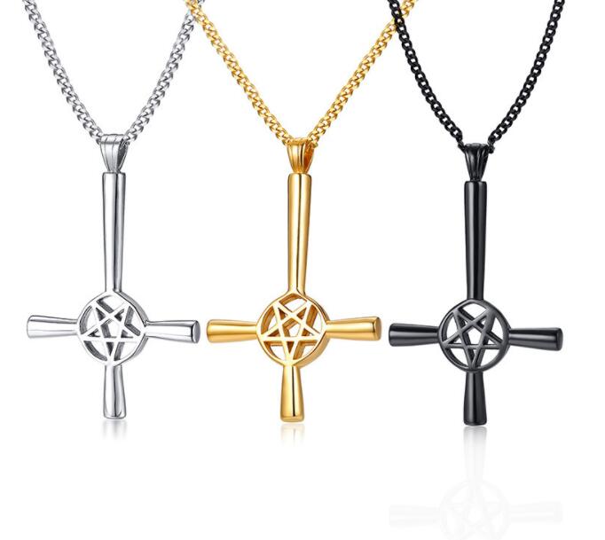 Silver Gold Black Mens Inverted Pentagram Cross Necklace Stainless Steel Upside Down Lucifer Satan Satanic Symbol Pendant Chain 24''
