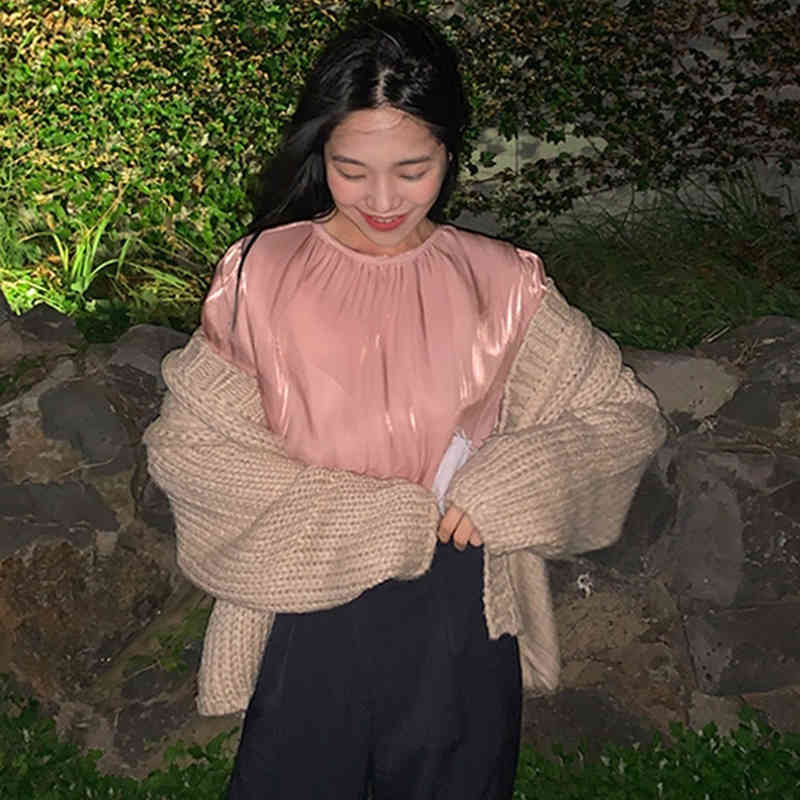 Nomikuma Korean Pleated O-neck Blouse Causal Solid Long Sleeve Pullover Tops New Autumn Women Blusas Shirt 6D479 210427