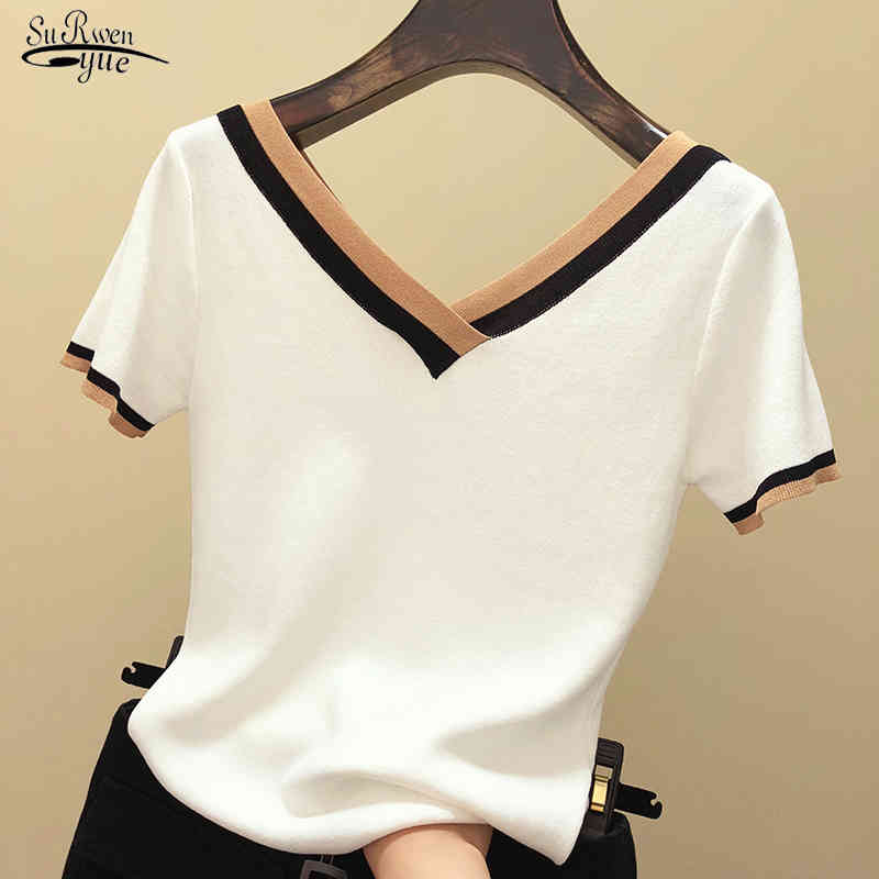 Contrast Color Striped Knitted Summer Top Shirt Woman Clothes V-Neck Short Sleeve Women Femme Camisetas Mujer 13362 210521, Green
Contrast Color Striped Knitted Summer Top Shirt Woman Clothes V-Neck Short Sleeve Women Femme Camisetas Mujer 13362 210521, Green