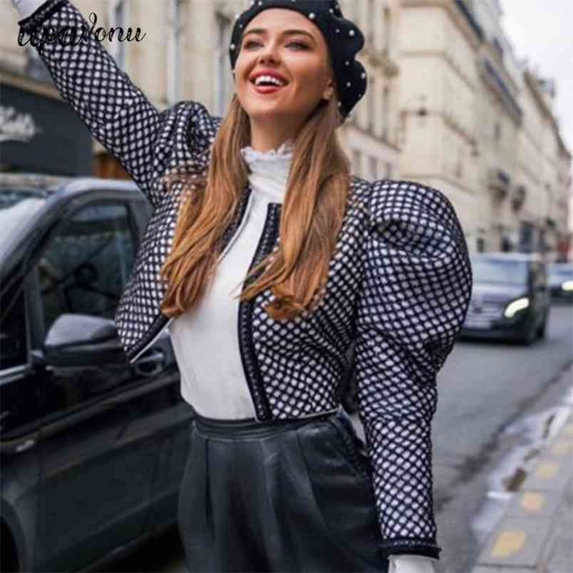 Autumn Fashion Women Clothes Runway Styles High Quality Female Vestido Puff Sleeves Plaid Short Jacket Slim 210524