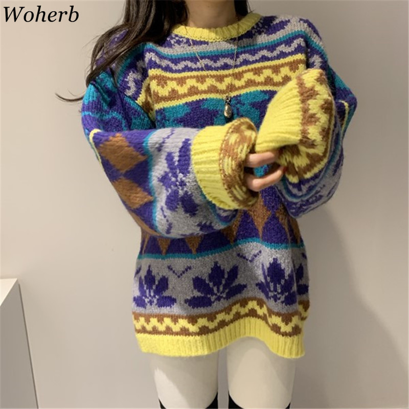 Knitted Pullovers Oversized Outwear Fall Woman Clothes Vintage Sweet Argyle Jumper Korean Fashion Female Sweaters 210422