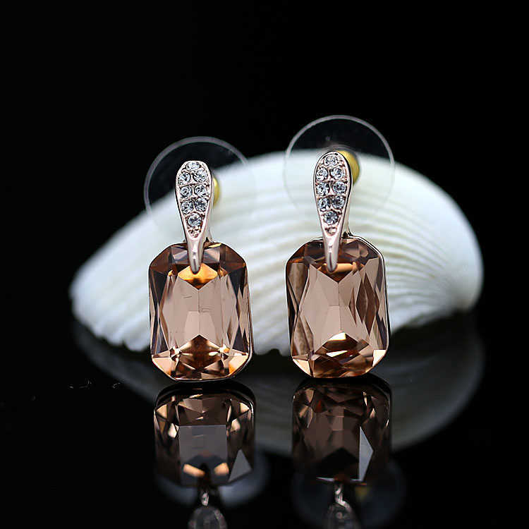 MOONROCY Rose Gold Color Crystal Earring Champagne Square Brown Jewelry for Women Gift Drop Wholesale 211009