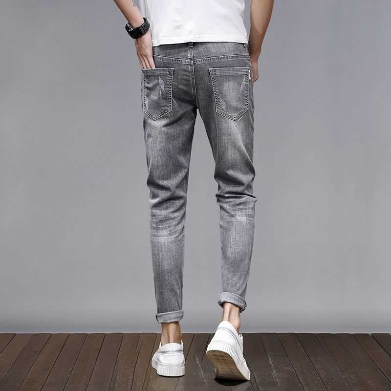 Mens Jeans Summer Slim Zipper Button Stretch Scratched Casual Cropped Trousers Softener Cotton Denim Pencil Pants X0621