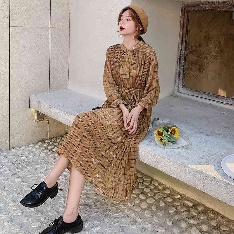 Korean Long Sleeved Print Pleated Dress Fashion Floral Vintage Elegant Clothes Spring Lady Chiffon 8538 50 210506