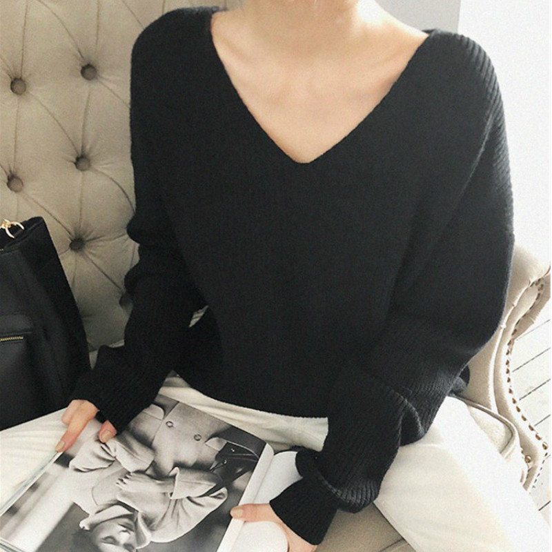 v neck knitted sweater pullovers women vintage basic casual office ladies white streetwear korean oversized 210427