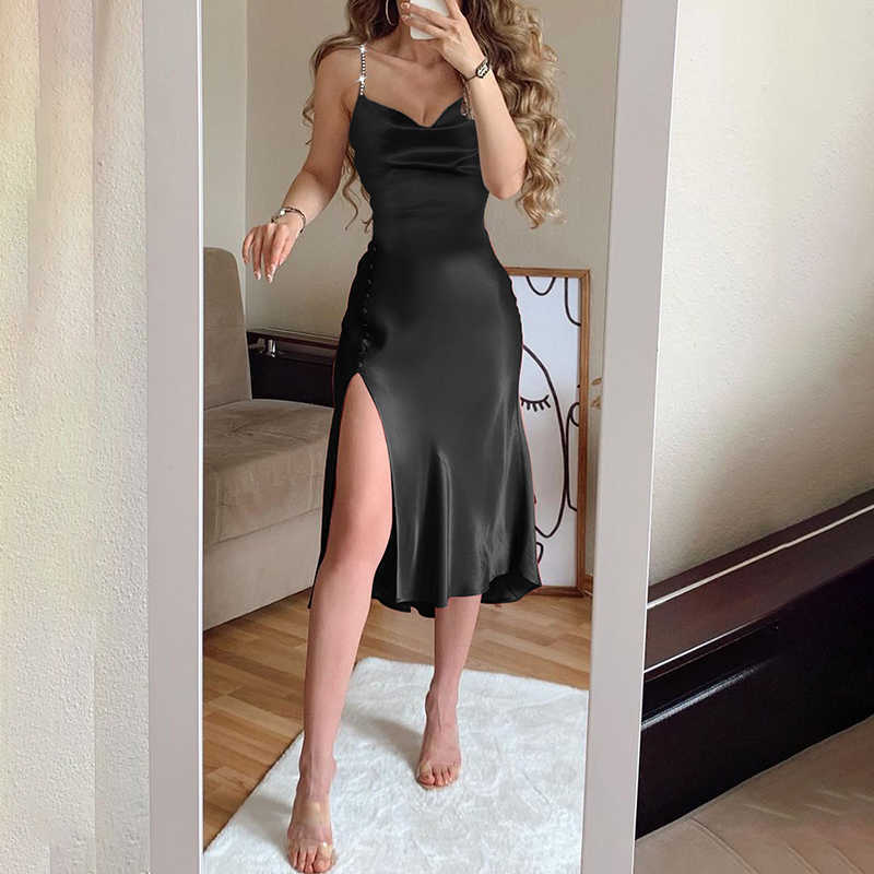 Women Fashion Spaghetti Strap Midi Dress Slip Dress Women Sexy Slim Fit Bodycon High Slit Party Dress 210716