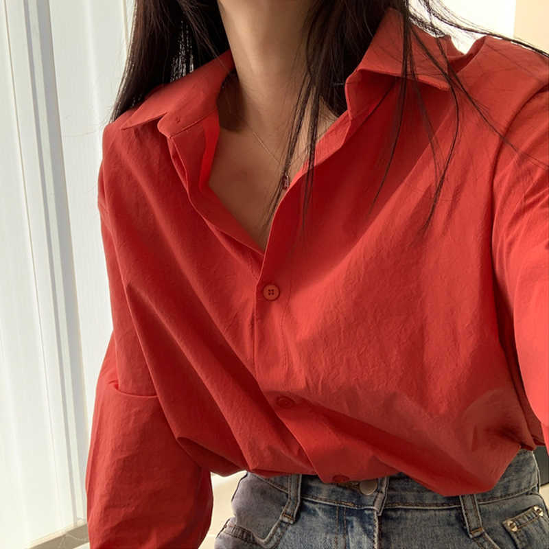 Korejpaa Women Shirt Summer Korean Chic Female Niche Basic Lapel Single-Breasted Loose-Fitting Casual Long-Sleeved Blouses 210526