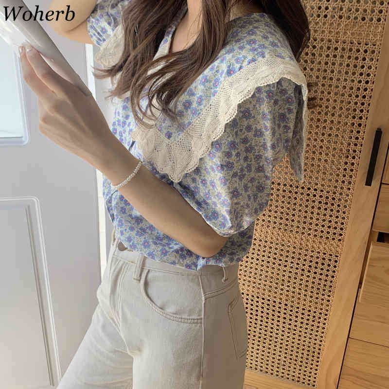Puff Sleeve Blouses Women Lace Peter Pan Collar Tops Floral Print Summer Vintage Korean Blusas Mujer Cute Shirt Ins 210519