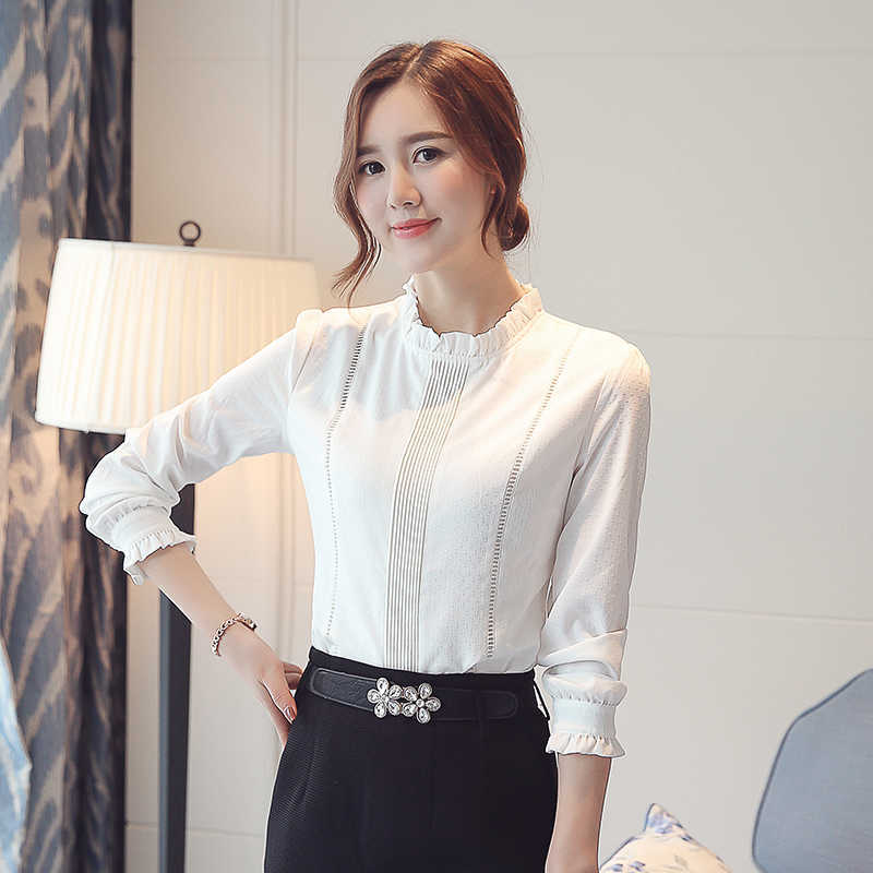 Korean Fashion Women Chiffon Shirt Woman Long Sleeve Blouse s Office Lady Hollow Out White Top Plus Size s 210531