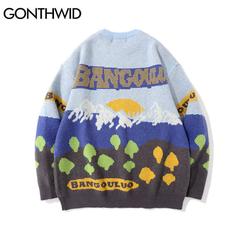 GONTHWID Sweaters Hip Hop Knitted Mountain Landscape Pullover Sweater Harajuku Hip Hop Fashion Casual Streetwear Knitwear Tops 210929