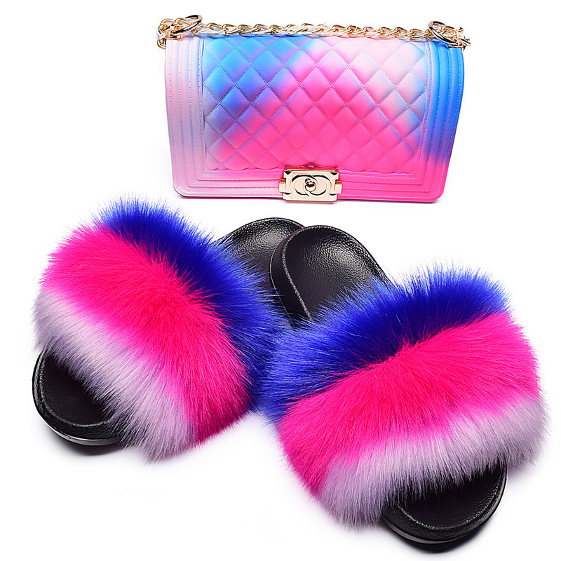 multi color colorful hand bags cross body wholesale luxury fashion rainbow fur slides sets jelly purse and shoes set, Black 
multi color colorful hand bags cross body wholesale luxury fashion rainbow fur slides sets jelly purse and shoes set, Black