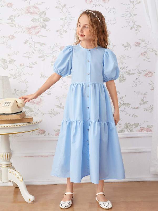 Girls Button Front Ruffle Hem Dress SHE