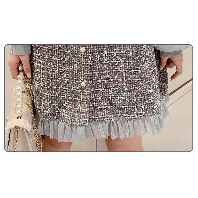 Spring Tweed Dress Office Fashion Knee-Length Ladies Long Sleeve Chic Patchwork Ruffle Vestidos 210520