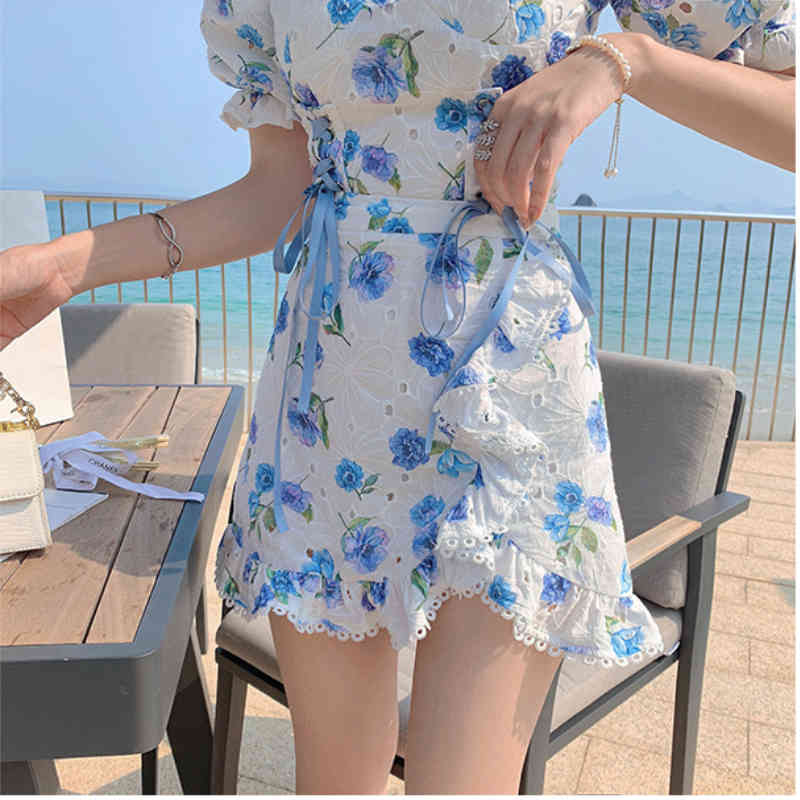 Sweet Floral Print 2 Pieces Sets Vintage Women Elegant Bandage Puff Sleeve Summer Blouse+Hight Wasit Skirts Suits 210510