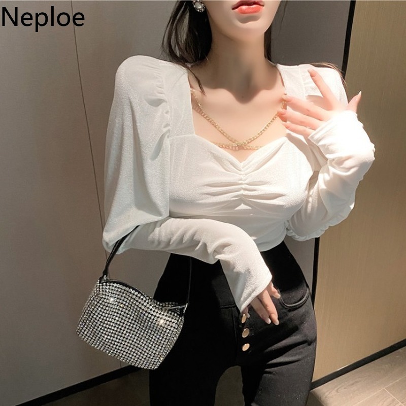 Neploe Square Collar Velvet Blouse Women Ropa Para Mujeres De Moda Temperament Shirt Slim Long Sleeve Chic White Blouses Tops 210422