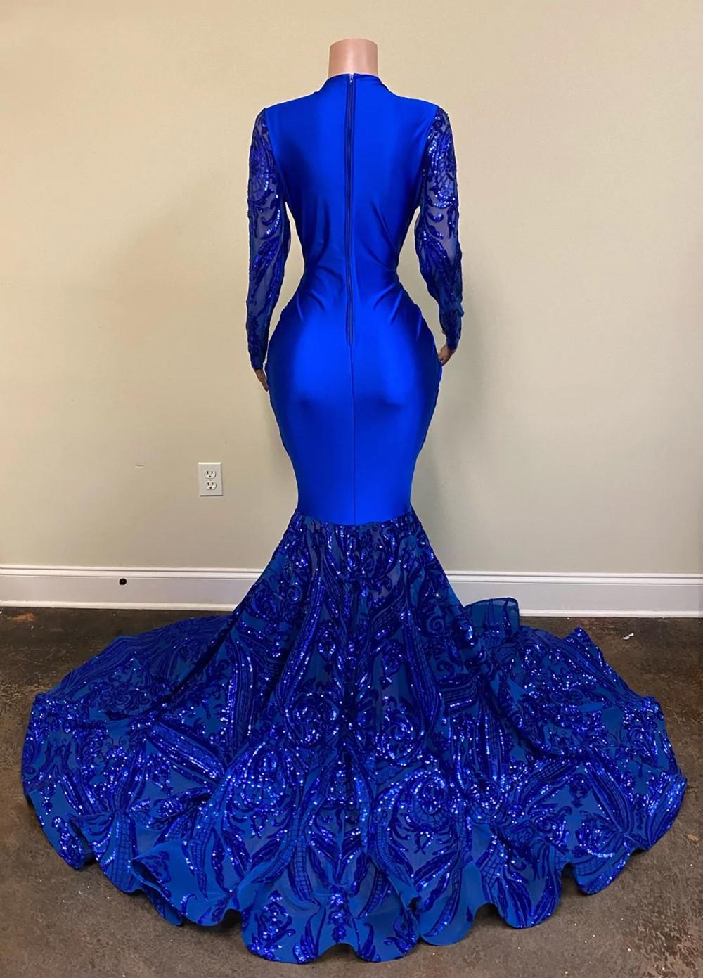 Royal Blue African Black Girls Prom Dresses 2021 Long Sleeve Sequined Beaded V Neck Evening Dress Plus Size Formal Party Pageant Gowns