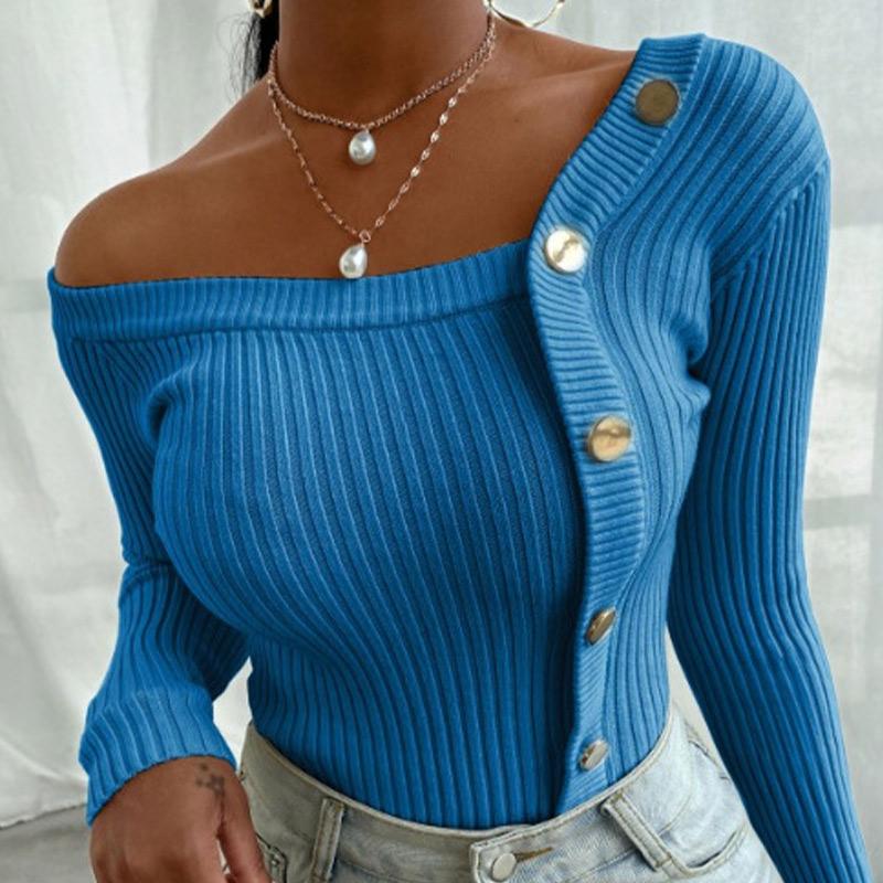 Sexy Patchwork Knitted Slim Skew-collar Button Long Sleeve Female Sweater 2021 Autumn Fashion Lady Pullover