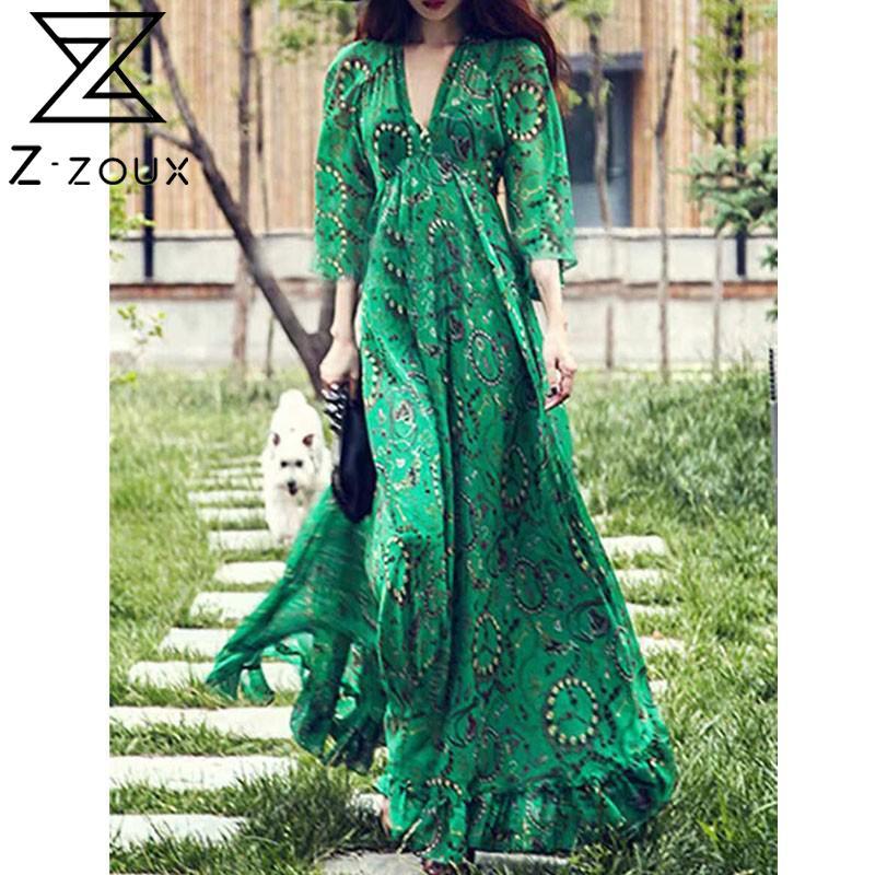 Women Dress V Neck Seven Sleeve Floral Printed Maxi es Temperament High Waist Long Vintage es Autumn 210524, Green
Women Dress V Neck Seven Sleeve Floral Printed Maxi es Temperament High Waist Long Vintage es Autumn 210524, Green