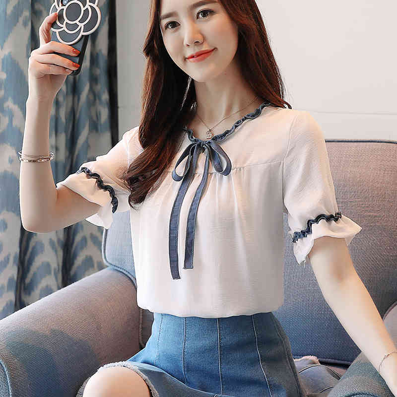 sweet lady style fashion blouse shirt bow short sleeved blouses white women tops casual slim summer shirts 0551 40 210506