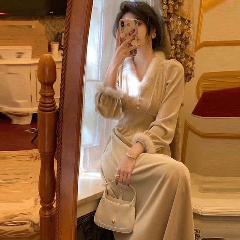 Fur Neck Elegant Vintage Dress Women Long Sleeve French Office Lady Midi Dress Female Spring Fashionone Piece Dress Korean 210521