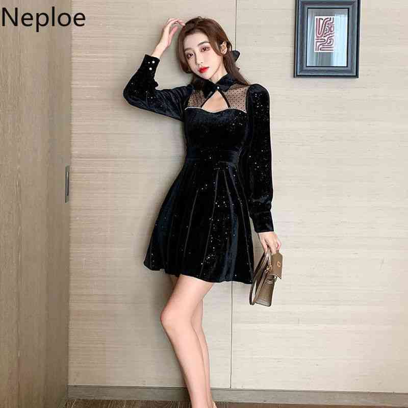 Neploe Women Elegant Dress Korean Hollow Out Patchwork Gauze Sexy Vestidos Sequined Robe Vintage Fashion Black Party Dresses 210422