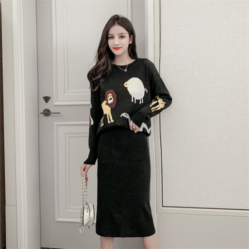 Arrival Autumn Winter Korea Fashion Women Two Piece Set Knit Skirt Cartoon pattern Casual Pullover sweater 2 S455 210512