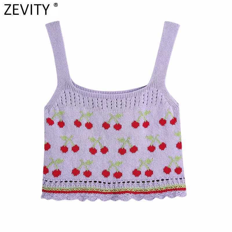 

Zevity Women Sweet Cherry Print Jacquard Sling Knit Sweater Female Hollow Out Crochet Short Vest Chic Summer Crop Tops S839 210603, As pic s839bb