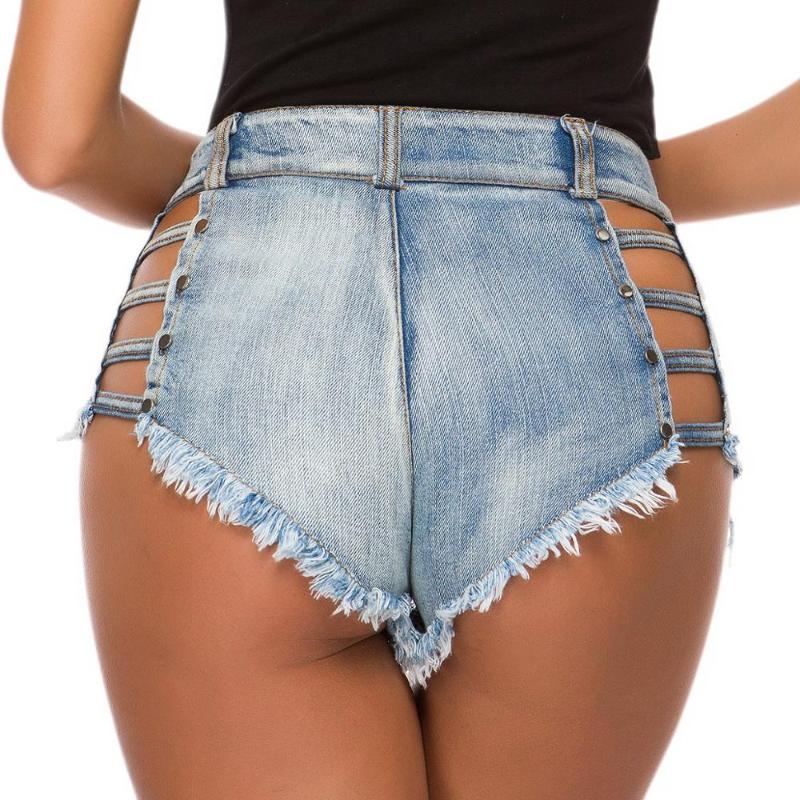 Women Denim Sexy Shorts Fashion Straps Hollow Out Club Style Mid Waist Button Zipper Tassel Short Jeans Drop Women's