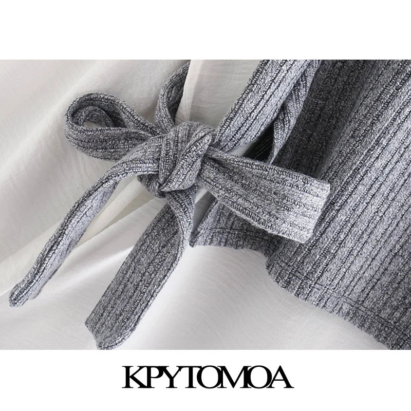 KPYTOMOA Women Fashion With Bow Tied Patchwork Loose Blouses Vintage Long Sleeve Elastic Trim Female Shirts Chic Tops 210317