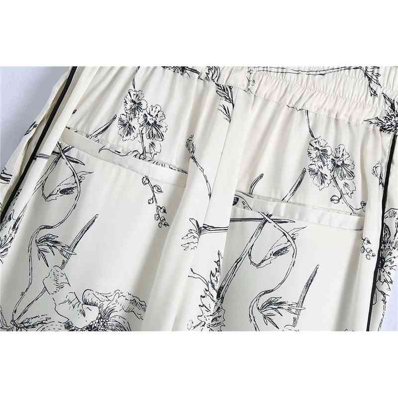 Causal Women Sketch Print Pants Fashion Ladies White Satin Straight Trousers Streetwear Female Chic Pocket 210527