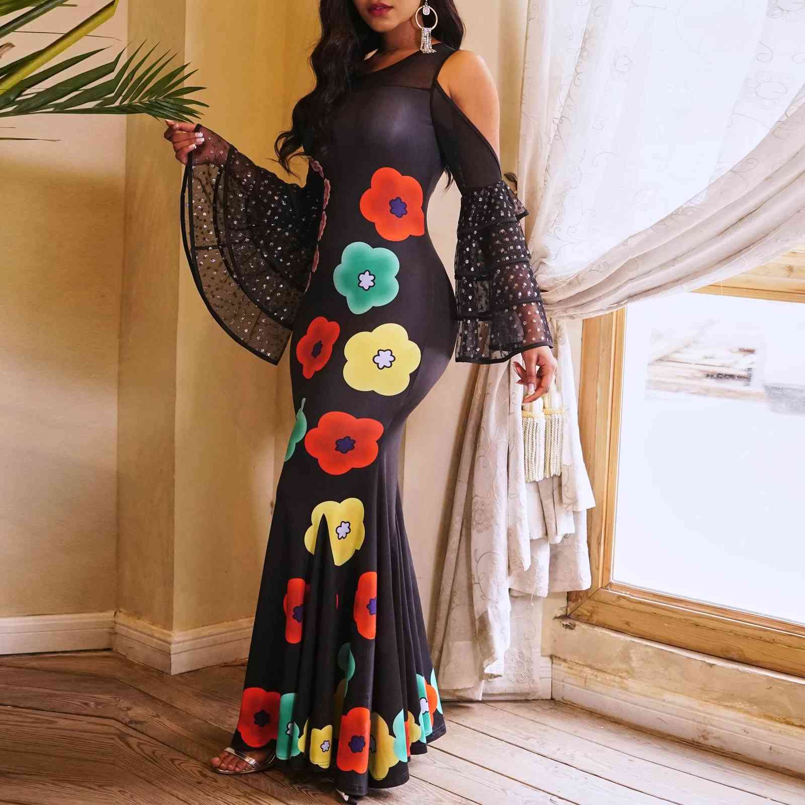 Elegant Long Dress For Women Black Floar Print Flare Sleeve Floor Length Cold Shoulder Fishtail Vintage Evening Night 210510