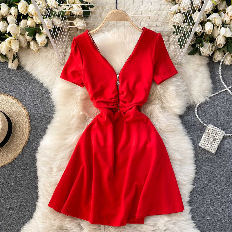 DEAT Summer Arrivals Solid Color Short Sleeve V-neck Open Back Waist A-line Dress MZ694 210709