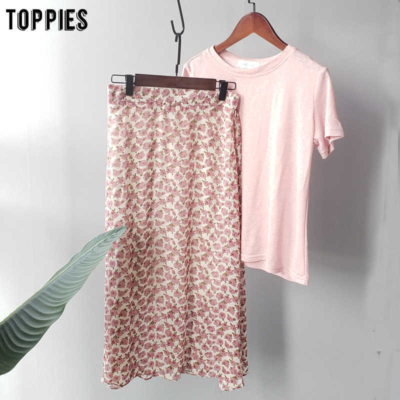Toppies Summer Cute Pink Set Women Two Pieces Set Casual Cotton Linen Slim T-shirts High Waist Skirts 210708