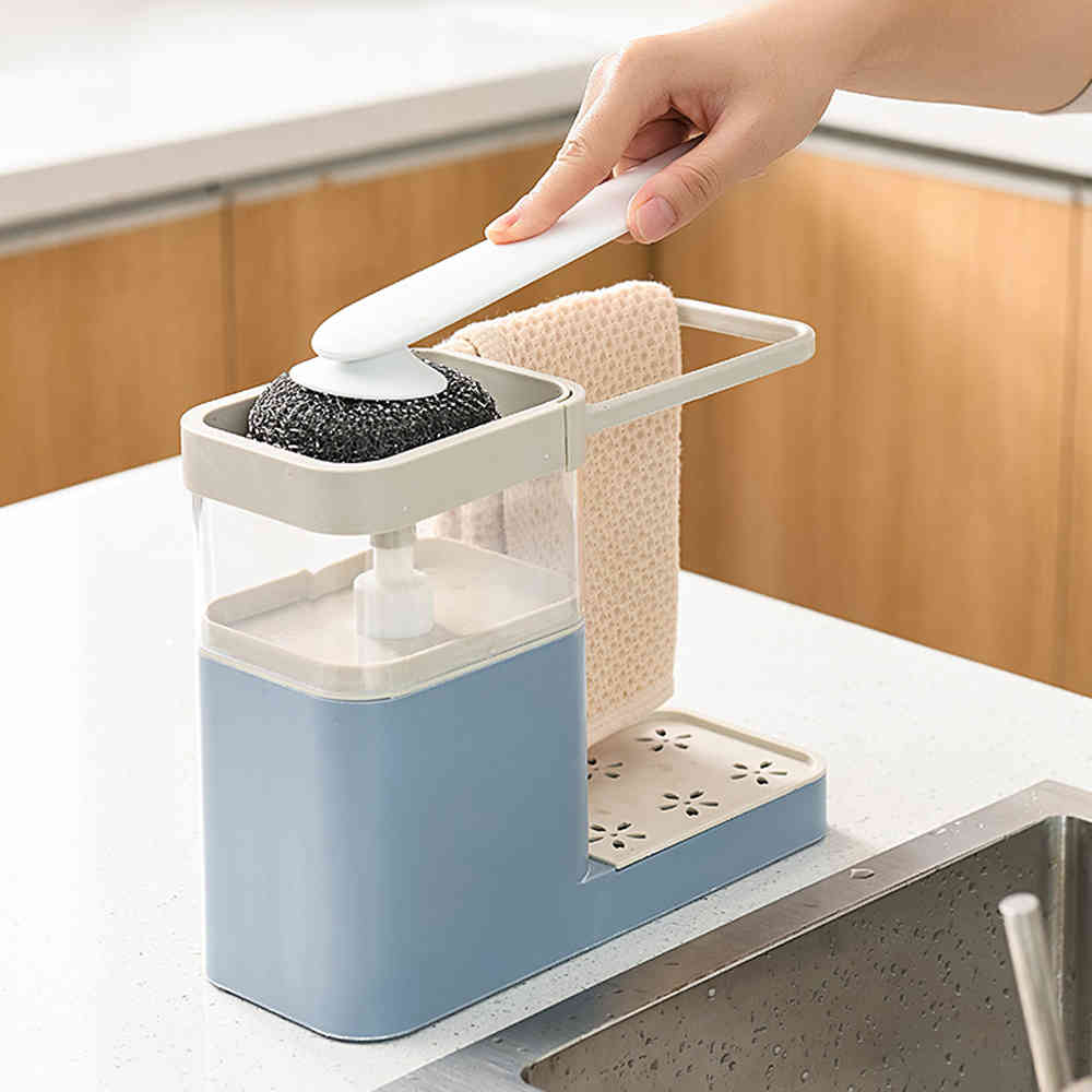 Soap dispenser (3 in 1), detergent container, sponge holder, dishcloth, towel, dishcloth, clothes rack, drainpipe trimmer