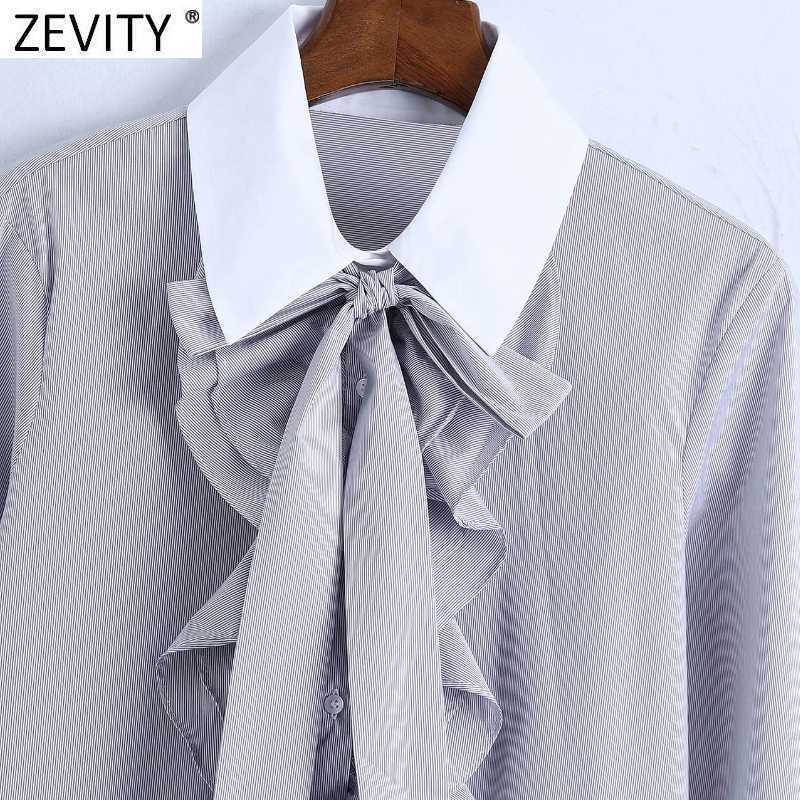 Zevity Women Sweet Bow Tied Ruffles Deocraion Stripe Shirts Office Ladies Patchwork Casual Roupas Chic Femininas Tops LS7389 210603