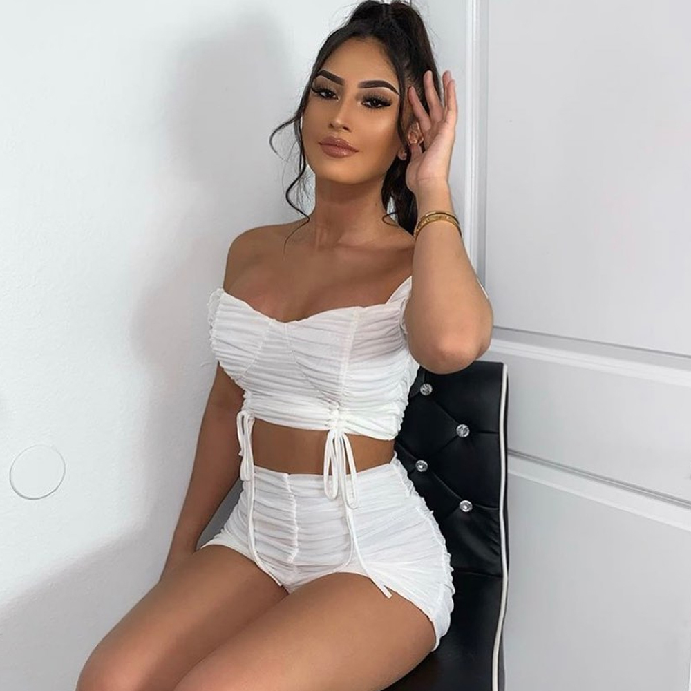 Summer Women White Lace 2 Two Pieces Sets Sexy Off Shoulder Short Sleeve Tops & Shorts Casual Club Party 210423