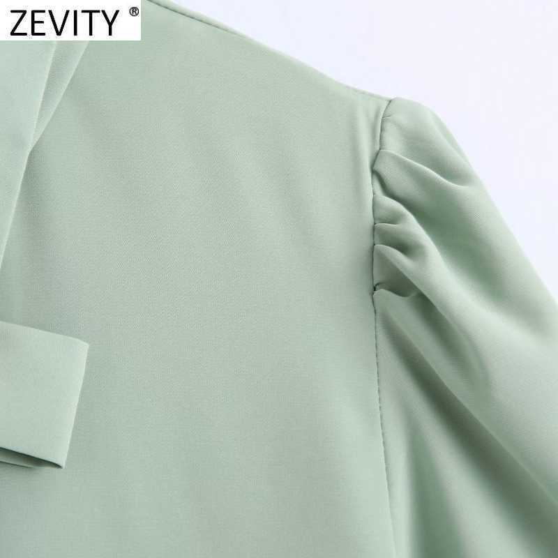 Zevity Women Sweet Bow Tie Solid Casual Shirt Office Lady Pleat Short Sleeve Blouse Roupas Chic Diamond Button Blusa Tops LS9415 210603